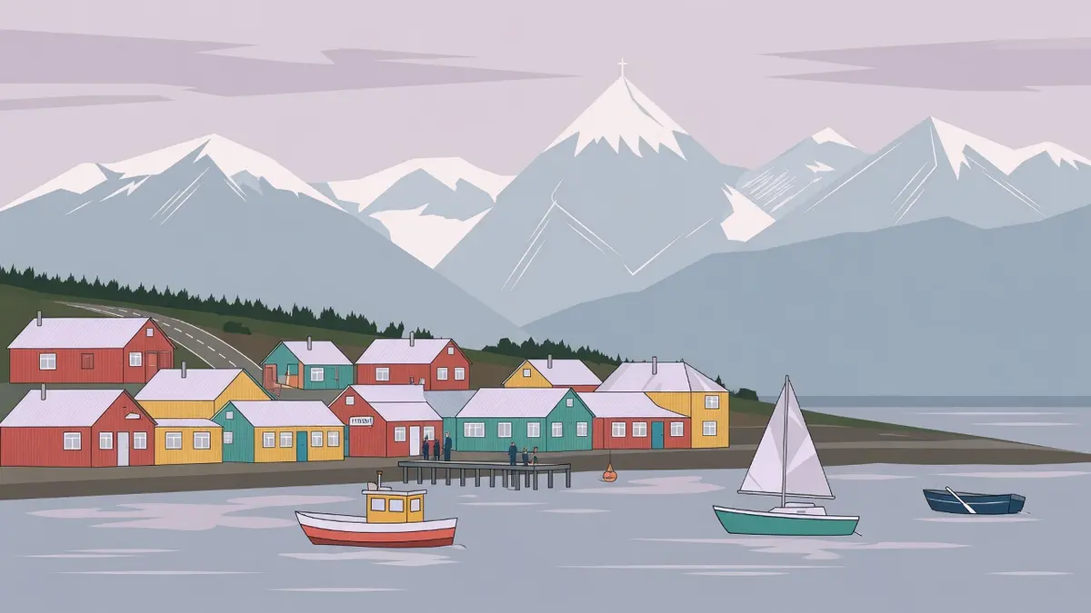 Ilustración de Ushuaia, con el canal y las montañas